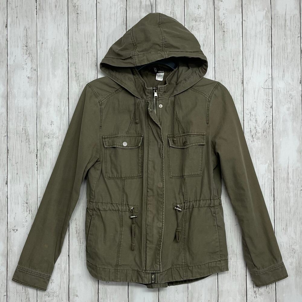 H&M Divided Green Hooded Drawstring Buttons Pockets Utility Lightweight Jacket